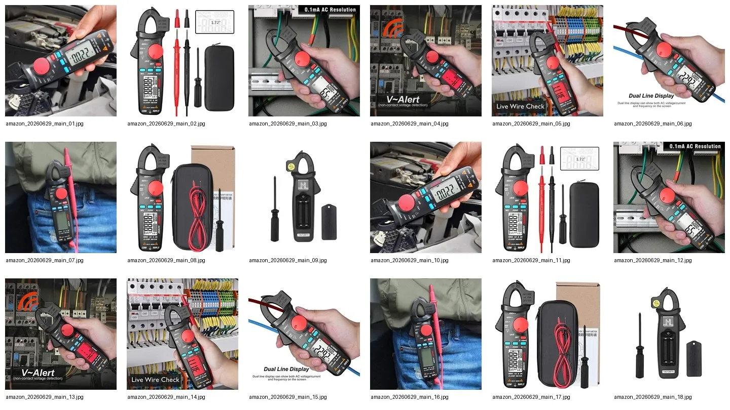 Compact black digital clamp multimeter with open jaw and large LCD display, shown in use on electrical wiring with probes and safety features highlighted.
