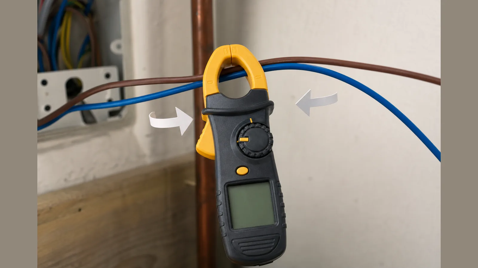 Cutaway cable showing one conductor inside jaws; cancel arrows on twin cable