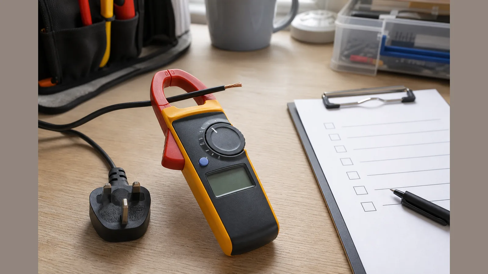 Desk lamp lead with single conductor exposed to jaw; checklist clipboard
