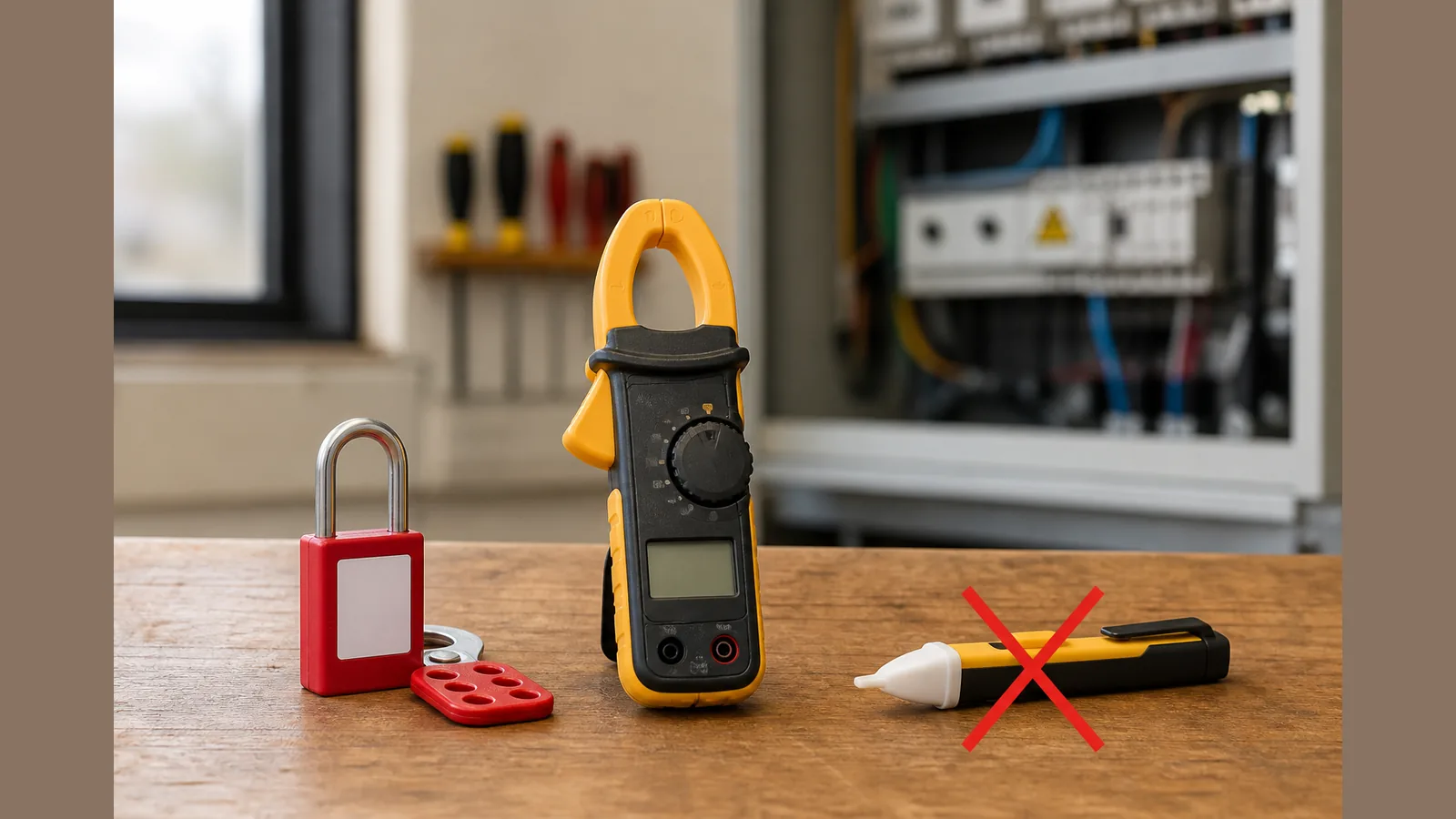 Clamp with V-Alert icon crossed out next to isolation lockout symbol