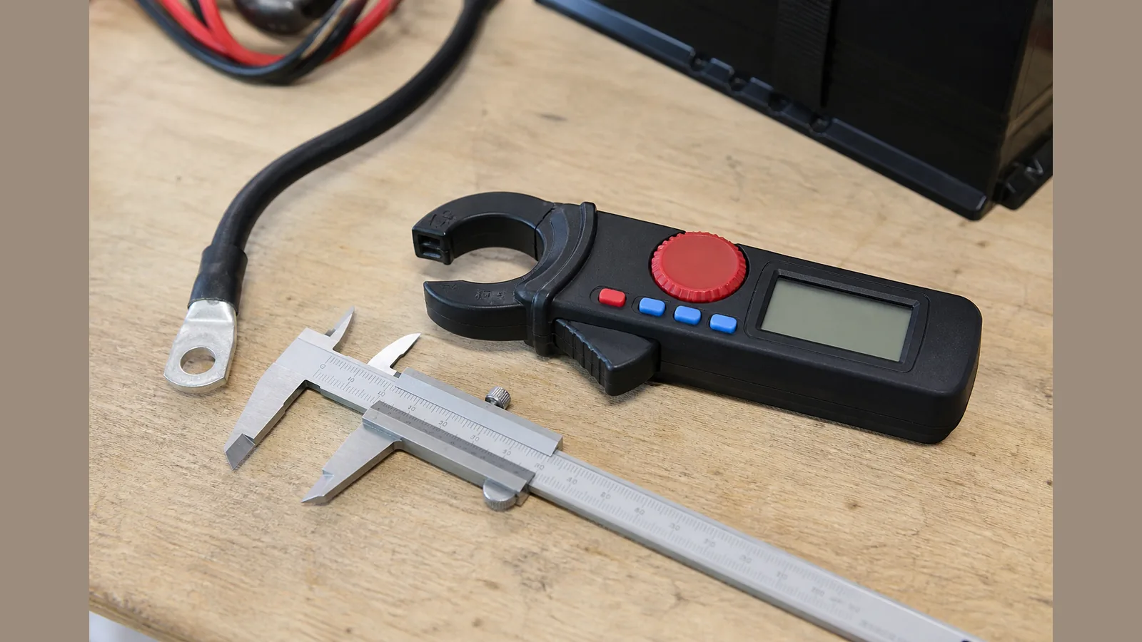 Calliper beside battery cable and open 20mm-class jaw silhouette